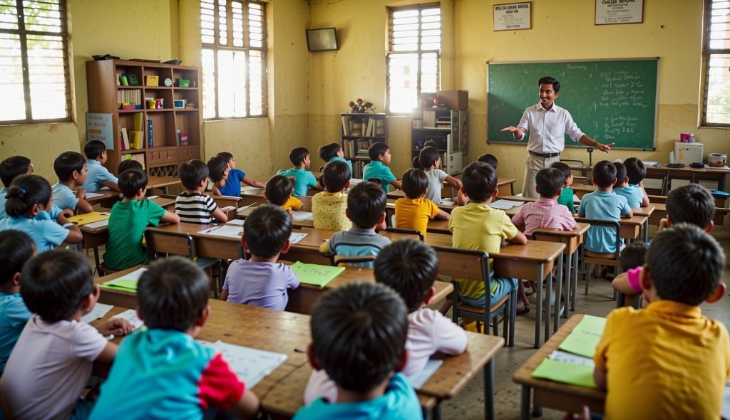 Uma sala de aula colorida com crianças aprendendo sobre dengue. Pais e membros da comunidade participam da aula, compartilhando conhecimentos e recursos