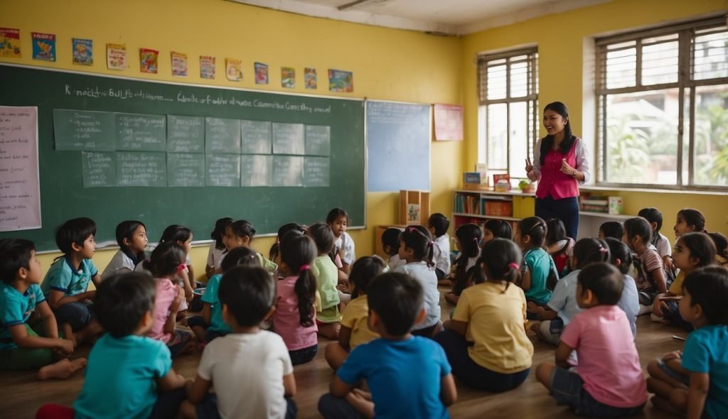 Uma sala de aula colorida com cartazes sobre prevenção da dengue, crianças pequenas envolvidas em atividades relacionadas ao controle do mosquito e um professor conduzindo uma discussão sobre o tema