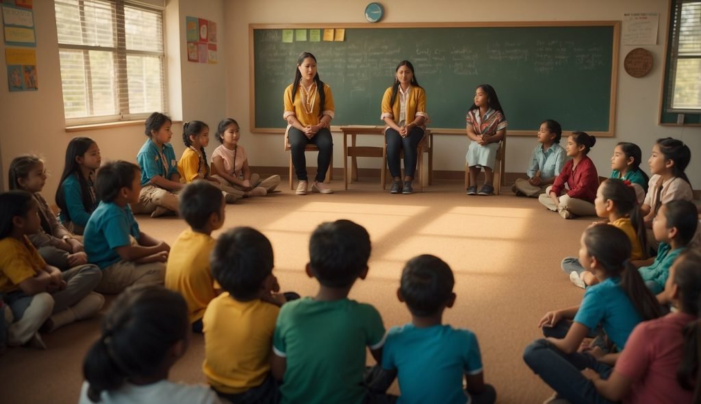 Um grupo de jovens estudantes senta-se em círculo e ouve o professor falar sobre o significado do Dia do Povo Indígena. Ilustrações coloridas de símbolos e objetos tradicionais indígenas adornam as paredes da sala de aula