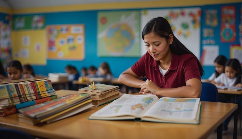 Uma sala de aula colorida com livros, mapas e artesanato. Um professor prepara um plano de aula sobre cultura indígena para jovens estudantes