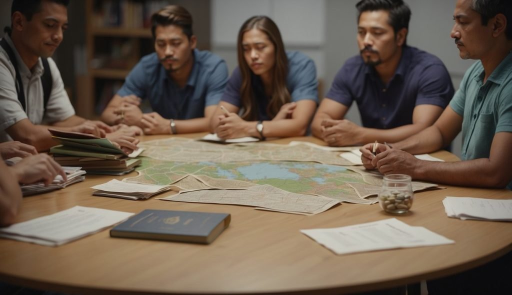 Um grupo de professores e pais se reúne para debater e planejar uma aula sobre cultura indígena para jovens estudantes. Materiais como livros, artesanato e mapas estão espalhados sobre uma mesa