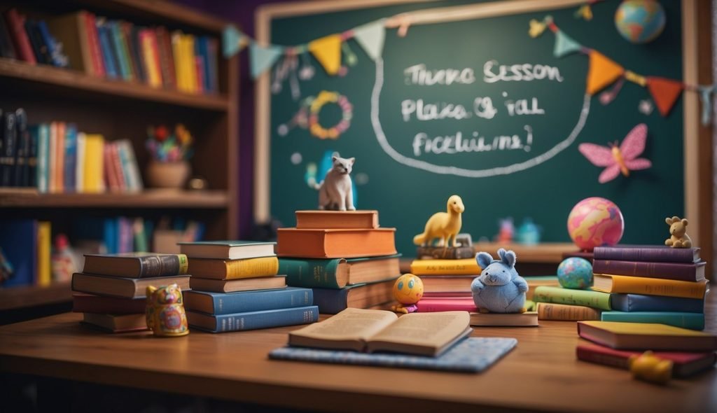 Uma sala de aula colorida com livros infantis, um quadro-negro com planos de aula e brinquedos educativos espalhados