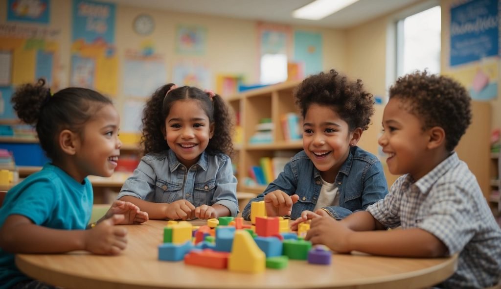 Sala de aula com crianças engajadas em atividades de contação de histórias, incorporando diversas disciplinas e habilidades, seguindo as diretrizes da BNCC para a educação infantil