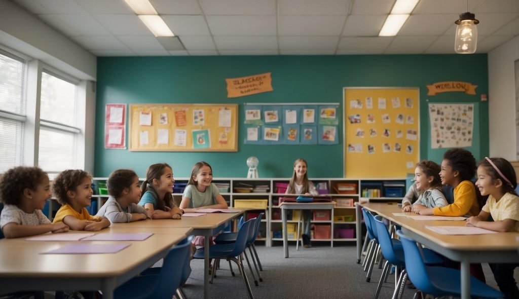 Uma sala de aula colorida com um quadro de avisos com imagens de crianças felizes compartilhando e ajudando umas às outras. O professor está conduzindo uma discussão sobre gratidão com recursos visuais envolventes