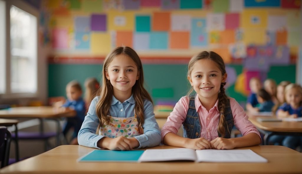 Uma sala de aula colorida com desenhos infantis de gestos de agradecimento nas paredes, uma professora segurando um livro sobre gratidão e uma mesa com materiais de arte para uma atividade com tema de gratidão