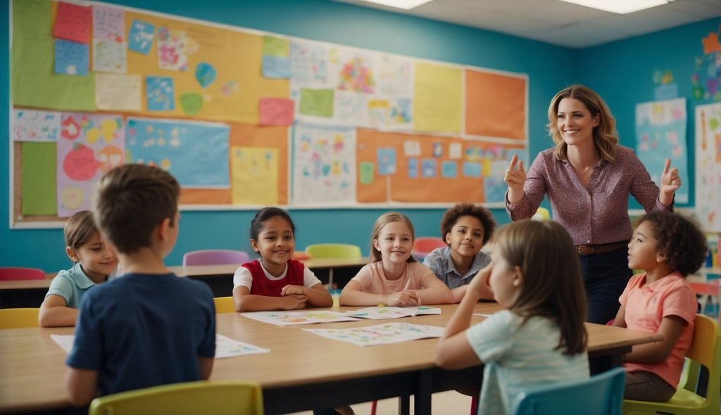 Uma sala de aula colorida com desenhos infantis nas paredes. Uma professora lidera um grupo de jovens estudantes em uma atividade sobre gratidão, usando adereços e recursos visuais para atrair sua atenção