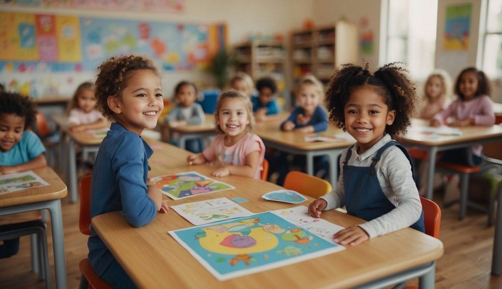 Uma sala de aula repleta de desenhos coloridos e crianças felizes, participando de atividades que promovem gratidão e apreço