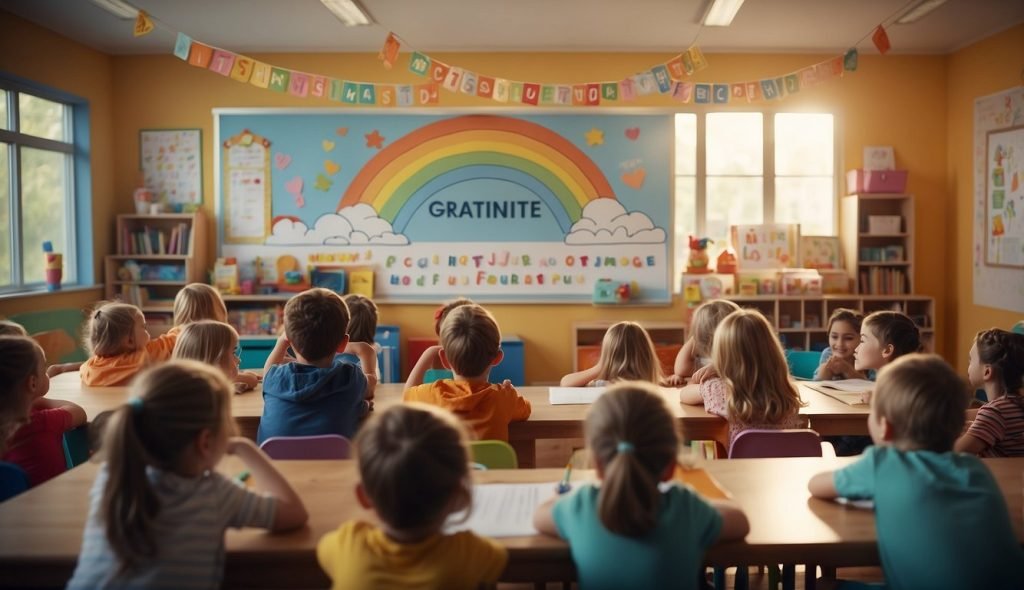 Uma sala de aula colorida com uma grande faixa de “gratidão” na parede, cercada por crianças felizes fazendo desenhos de coisas pelas quais são gratas