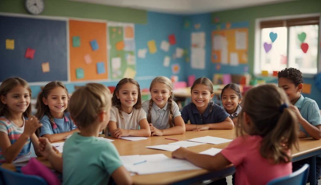 Uma sala de aula colorida com crianças felizes, rodeadas de desenhos de bilhetes de agradecimento e rostos sorridentes, enquanto a professora dá uma aula sobre gratidão