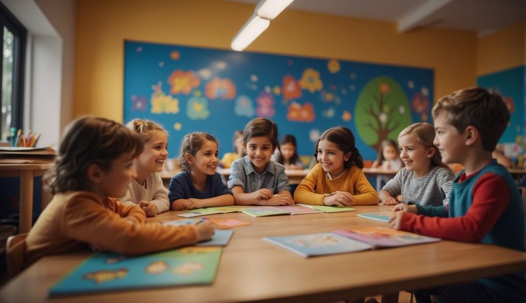 Ambiente de sala de aula com crianças envolvidas em uma atividade de contação de histórias, rodeadas de ilustrações coloridas do livro "Um Amor de Confusão"