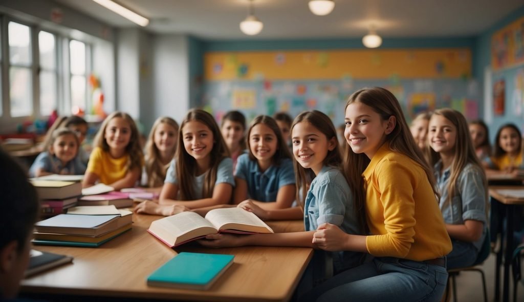 Uma sala de aula colorida com um grande livro aberto na mesa do professor, cercada por jovens estudantes felizes e engajados