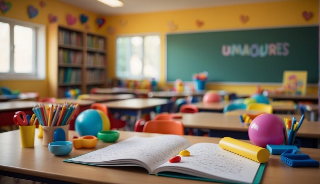 Uma sala de aula colorida com um grande livro intitulado “Um Amor de Confusão” na mesa do professor. Desenhos infantis e materiais artesanais estão espalhados pela sala