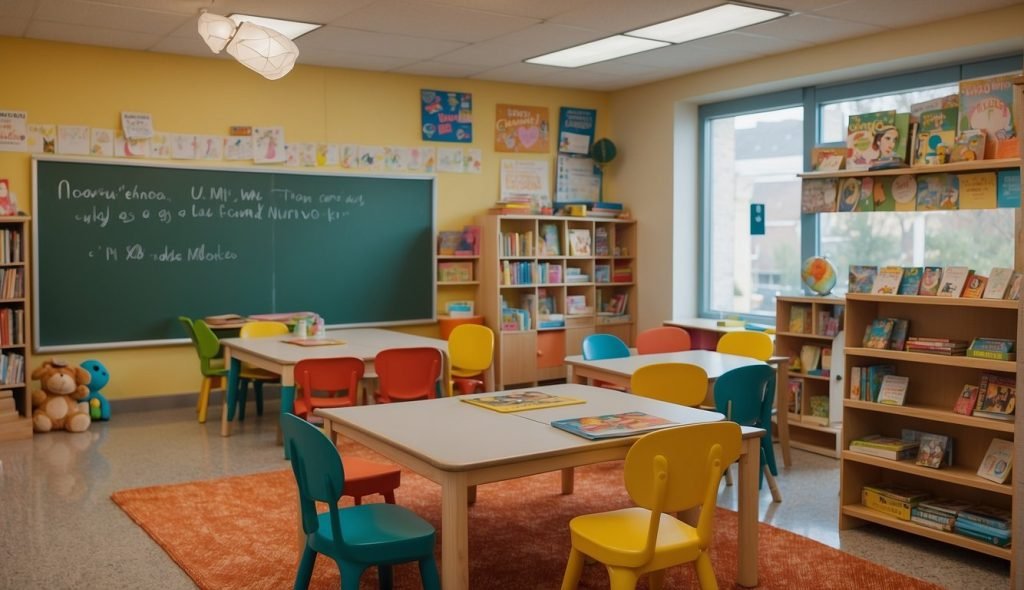 Sala de aula colorida com cantinho de leitura aconchegante, estantes repletas de livros ilustrados e quadro branco com plano de aula de "Um Amor de Confusão".
