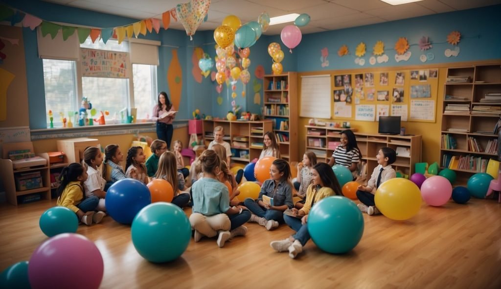 Uma sala de aula com decorações coloridas e um aconchegante cantinho de leitura. Uma professora segura um livro ilustrado enquanto interage com um grupo de jovens estudantes