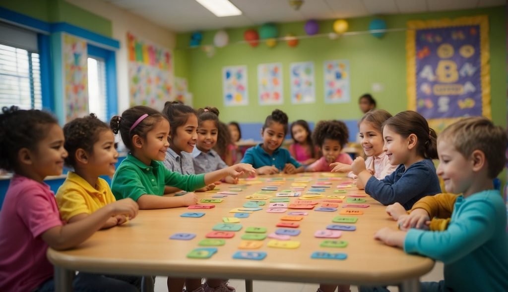 Uma sala de aula colorida com cartazes do alfabeto e atividades interativas, onde as crianças aprendem alegremente sobre a vogal "a" por meio de jogos e músicas