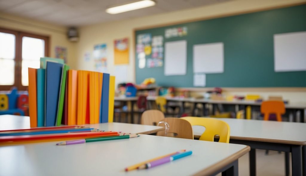 Sala de aula colorida com materiais didáticos e quadro branco com "Metodologias de Ensino para a Vogal A" para alunos da pré-escola