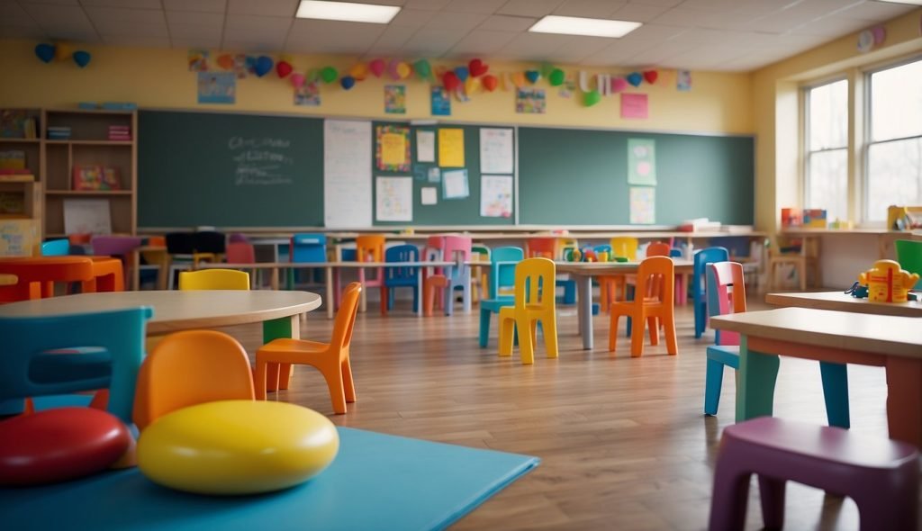 Uma sala de aula colorida com um grande pôster da letra "A", pequenas cadeiras e mesas e brinquedos educativos espalhados