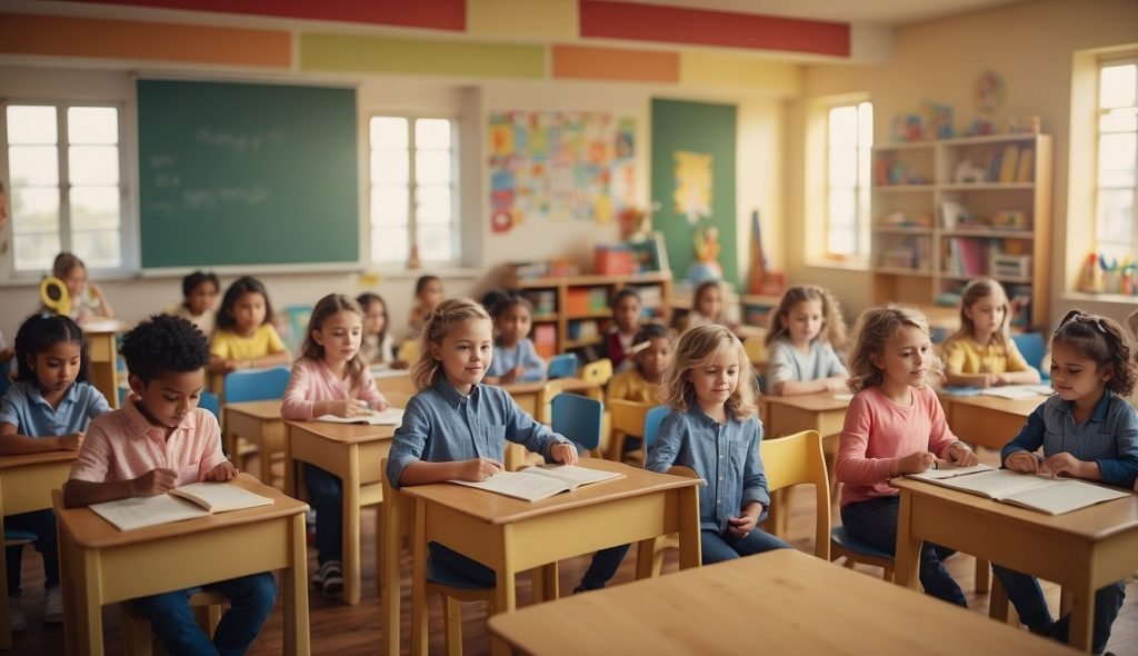 Uma sala de aula colorida com crianças participando ativamente de atividades focadas na letra “a”, como ler, desenhar e cantar