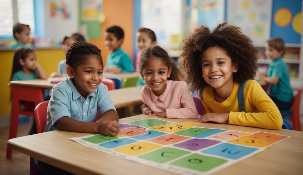 Uma sala de aula colorida com um grande pôster com a letra "A", uma mesa com diversos materiais didáticos e um grupo de alunos da pré-escola felizes ouvindo as instruções do professor