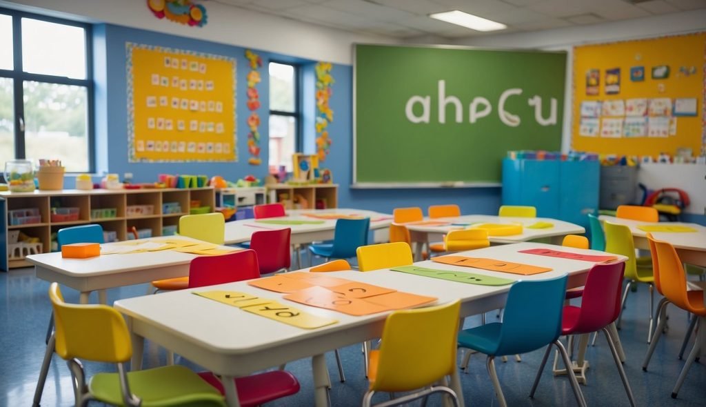 Uma sala de aula colorida com cartazes do alfabeto e atividades interativas para ensinar a vogal “a” aos jovens estudantes