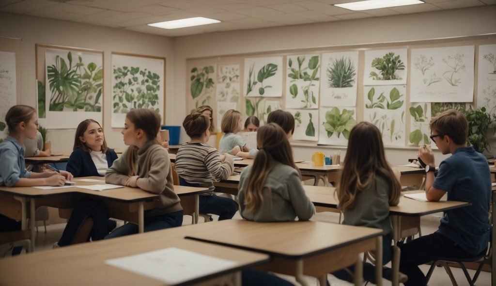 Sala de aula com jovens estudantes sentados em mesas, rodeados de desenhos de plantas e animais. Um professor está demonstrando como observar e esboçar a natureza