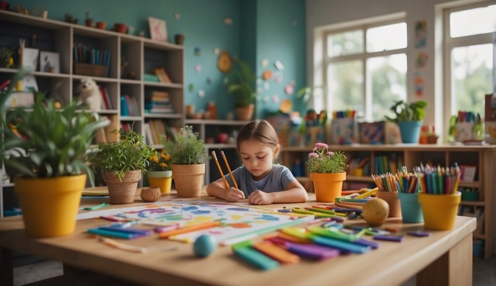 Uma sala de aula colorida com materiais de arte, plantas e fotos da natureza. Uma professora orienta as crianças no desenho de objetos naturais