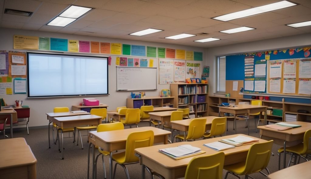 uma sala de aula colorida com muitas carteiras