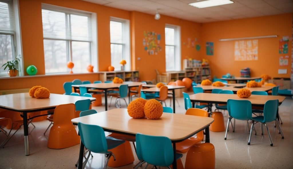 Sala de aula colorida com decoração temática laranja e materiais didáticos alinhados às diretrizes da BNCC para a educação infantil