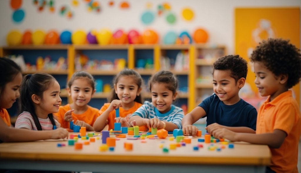 Sala de aula colorida com crianças engajadas em atividades relacionadas à cor laranja, seguindo as orientações da BNCC para a educação infantil