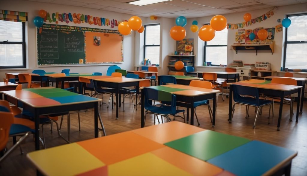 Uma sala de aula colorida com decorações em tema laranja, livros e atividades dispostas em mesas. Um professor prepara planos de aula envolventes alinhados com os padrões curriculares nacionais