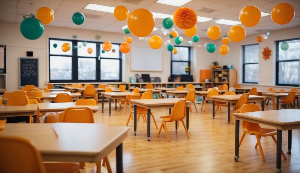 Sala de aula com decoração colorida em tema laranja e materiais didáticos, alinhados às diretrizes da BNCC para a educação infantil