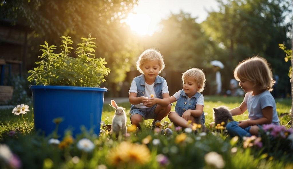 Crianças plantando árvores e flores em um jardim colorido, cercado por animais e lixeiras para reciclagem, com um grande sol brilhando no céu