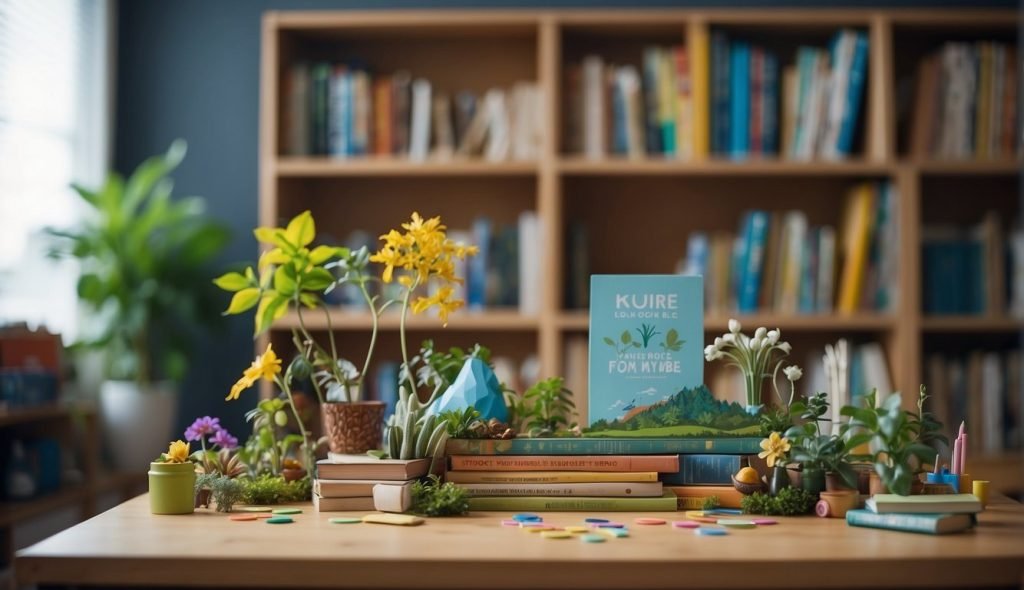 Uma sala de aula colorida com um grande cartaz, marcadores e adesivos espalhados sobre uma mesa. Uma estante cheia de livros com temas da natureza ao fundo