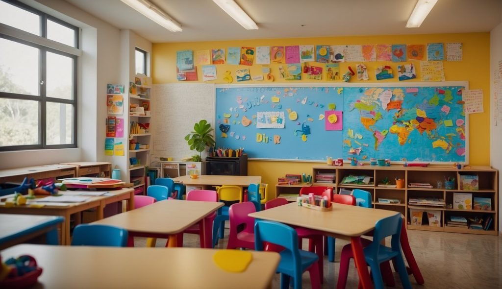 Uma sala de aula colorida com obras de arte infantil nas paredes, uma mesa repleta de materiais de arte e um quadro branco com as palavras "Dia do Meio Ambiente" escritas em negrito