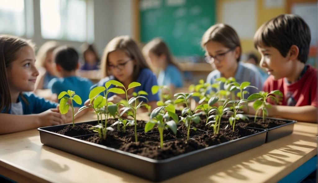 Uma sala de aula colorida com jovens estudantes envolvidos em atividades relacionadas ao meio ambiente, como plantar sementes, reciclar e aprender sobre os animais e a natureza