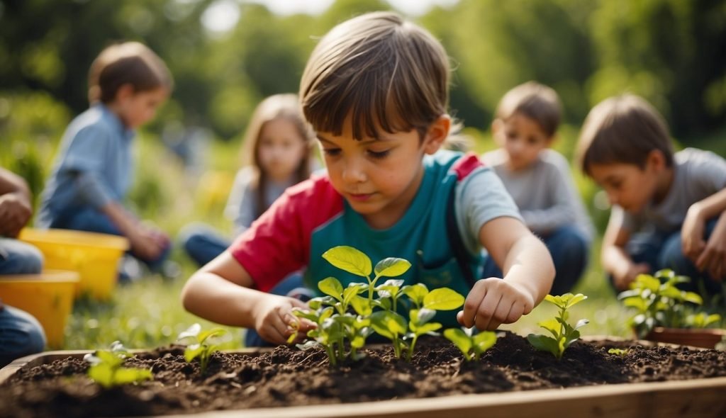 Uma sala de aula ao ar livre com cartazes coloridos e adereços sobre o meio ambiente. As crianças estão envolvidas em atividades práticas como plantar e reciclar