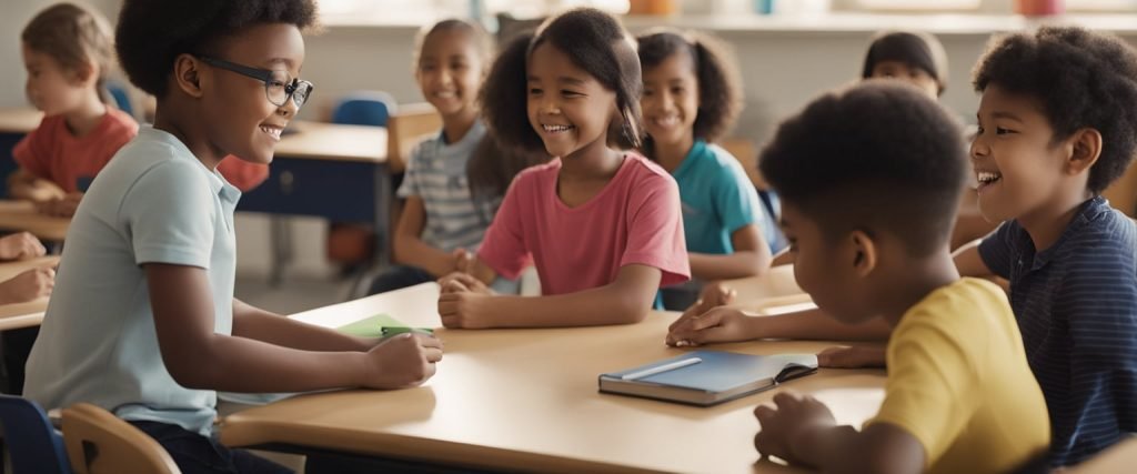 Um grupo diversificado de crianças participa de diversas atividades, demonstrando respeito pelas diferenças de cada uma em um ambiente de sala de aula inclusivo