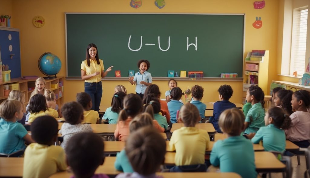 Uma sala de aula colorida com palavras “u” no quadro, crianças alegremente envolvidas em atividades e um professor conduzindo uma aula divertida e interativa sobre a vogal “u”