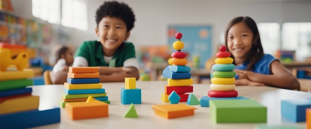 Uma sala de aula colorida com diversos brinquedos e livros, crianças brincando e compartilhando, enquanto uma professora orienta atividades que promovem o respeito às diferenças na educação infantil