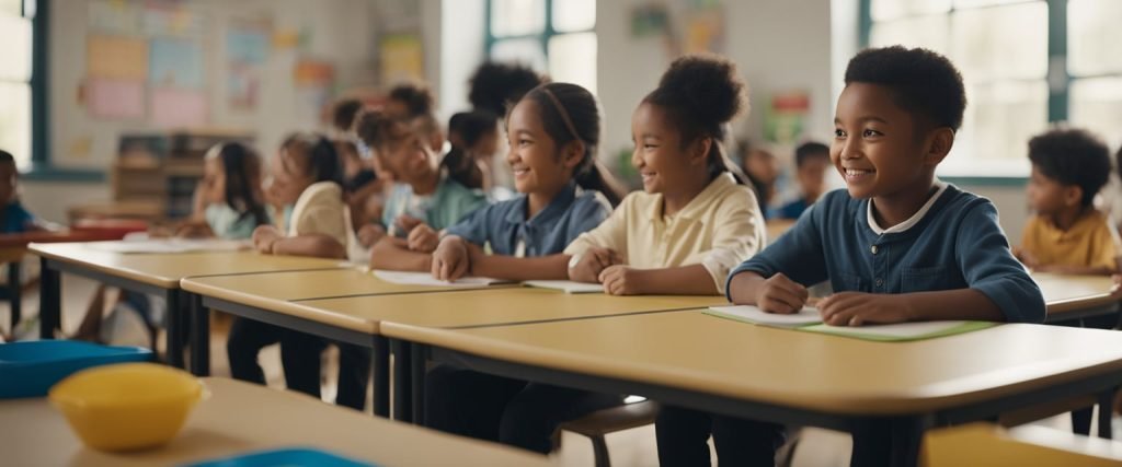 Crianças de diferentes origens brincando e aprendendo juntas em uma sala de aula diversificada, com professores promovendo ativamente o respeito e a compreensão das diferenças uns dos outros