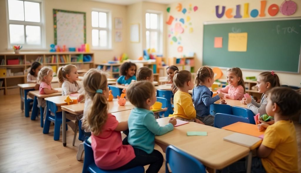 Uma sala de aula colorida com objetos e atividades em forma de "u", crianças alegremente engajadas, professor seguindo orientações educacionais