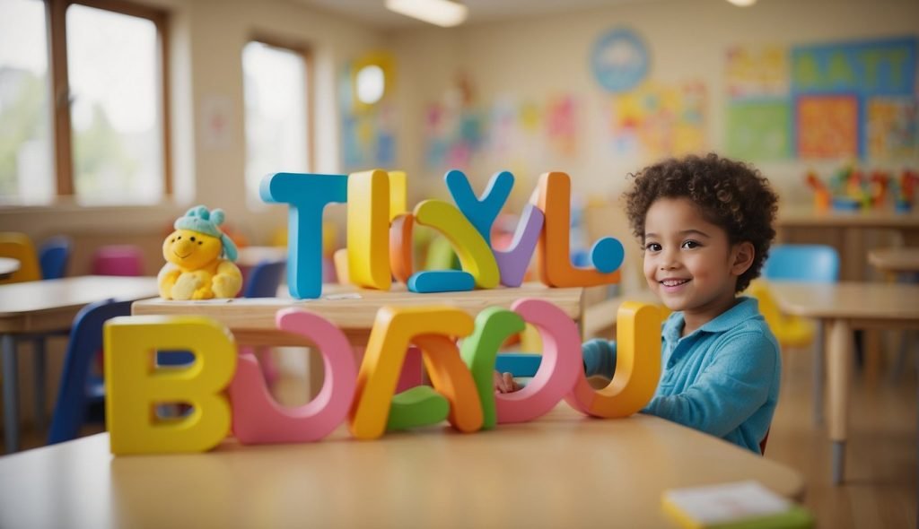 Uma sala de aula colorida com objetos "u". Crianças engajadas em atividades lúdicas, aprendendo a vogal “u” através de brincadeiras e exercícios práticos