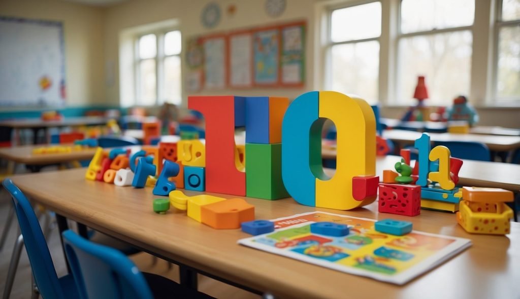 Uma sala de aula colorida com cartazes do alfabeto, livros e brinquedos educativos. Uma professora prepara um plano de aula sobre a letra “u” para jovens estudantes