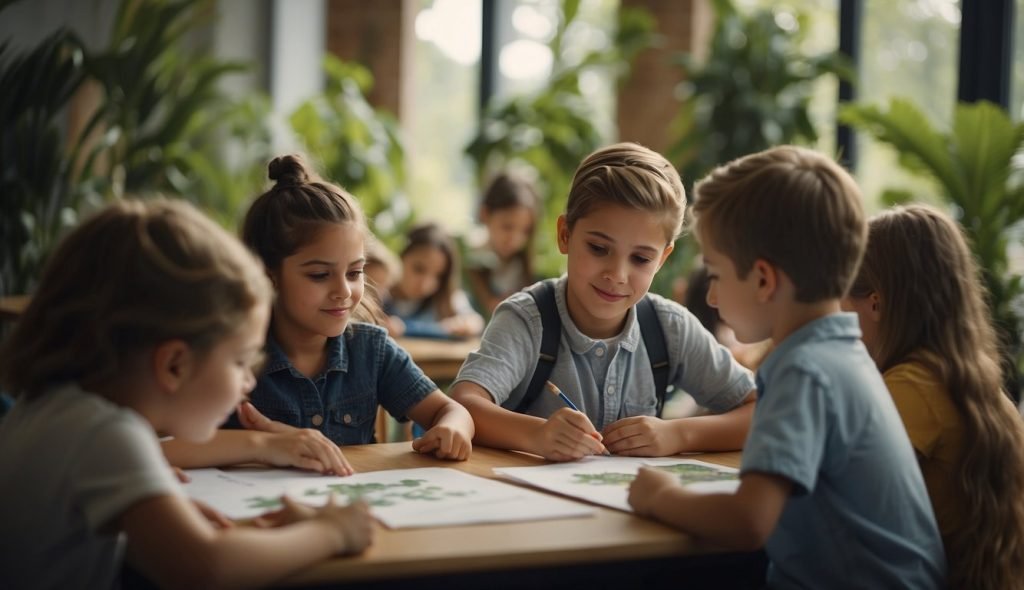 Uma sala de aula com jovens alunos desenhando plantas e animais em um ambiente repleto de natureza, com o professor orientando e envolvendo-os no processo