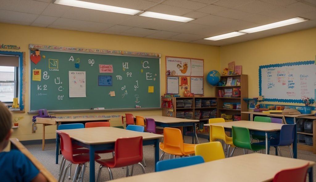 Uma sala de aula colorida com cartazes do alfabeto, brinquedos e um quadro branco. Um professor orienta os alunos em atividades interativas focadas na vogal “u”.