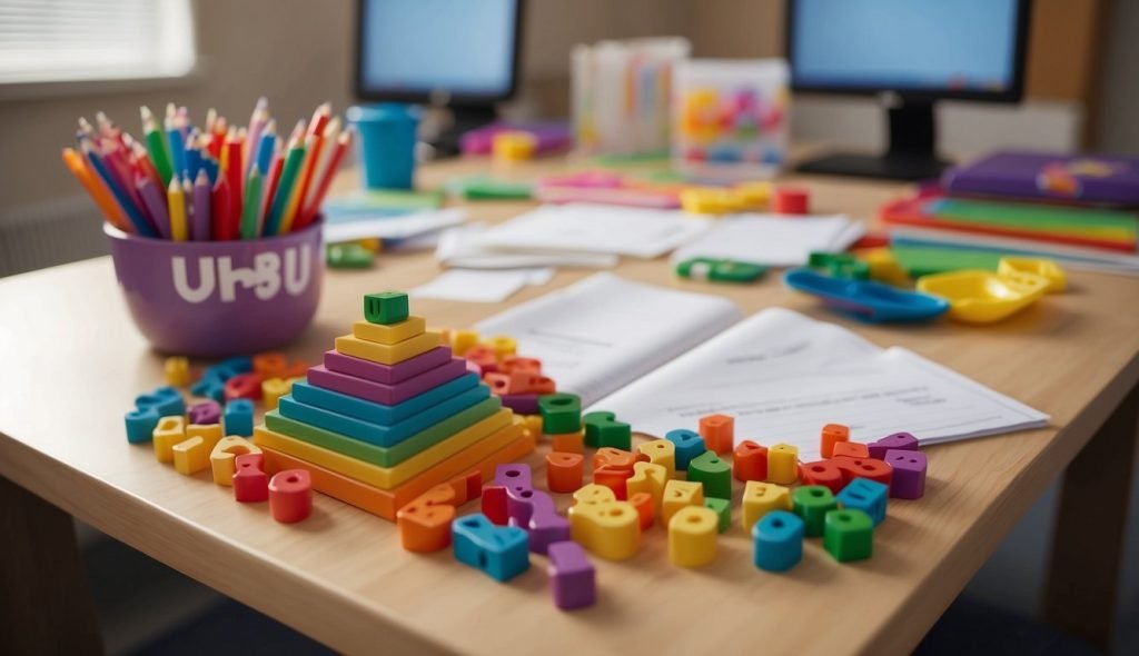 Ambiente educativo com materiais coloridos e mesa de professor, exibindo um plano de aula sobre a vogal "u" para alunos da pré-escola