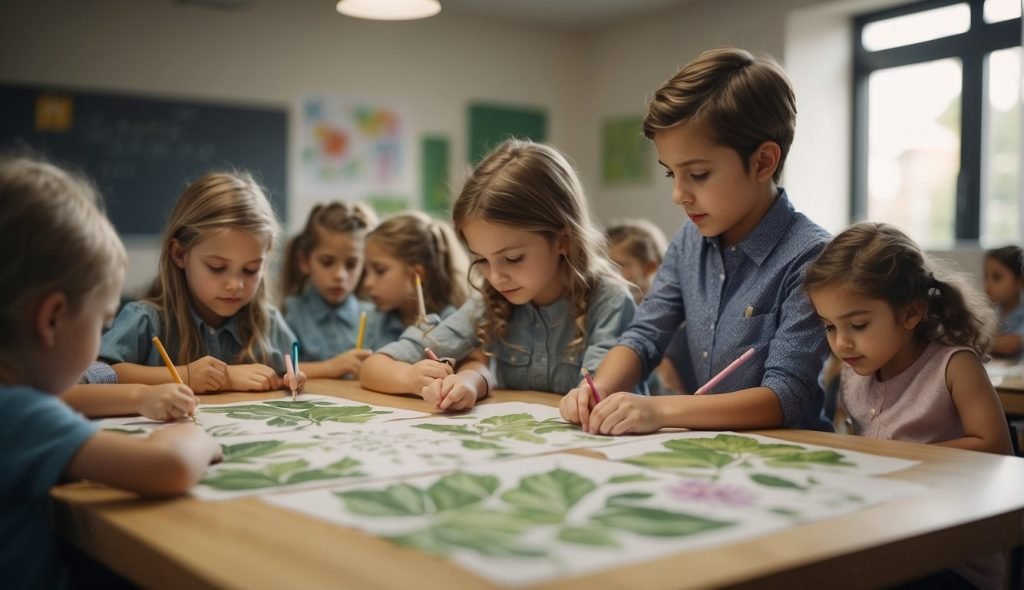 Uma sala de aula com crianças observando e desenhando objetos naturais como flores e folhas. O professor fornece orientação e feedback sobre seu trabalho artístico