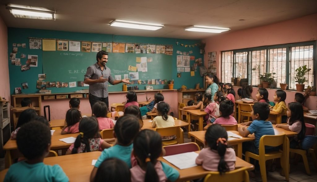 Cena de sala de aula com visuais coloridos de Tiradentes, atividades envolventes e contação de histórias interativas para ensinar aos jovens estudantes sobre Tiradentes segundo a BNCC