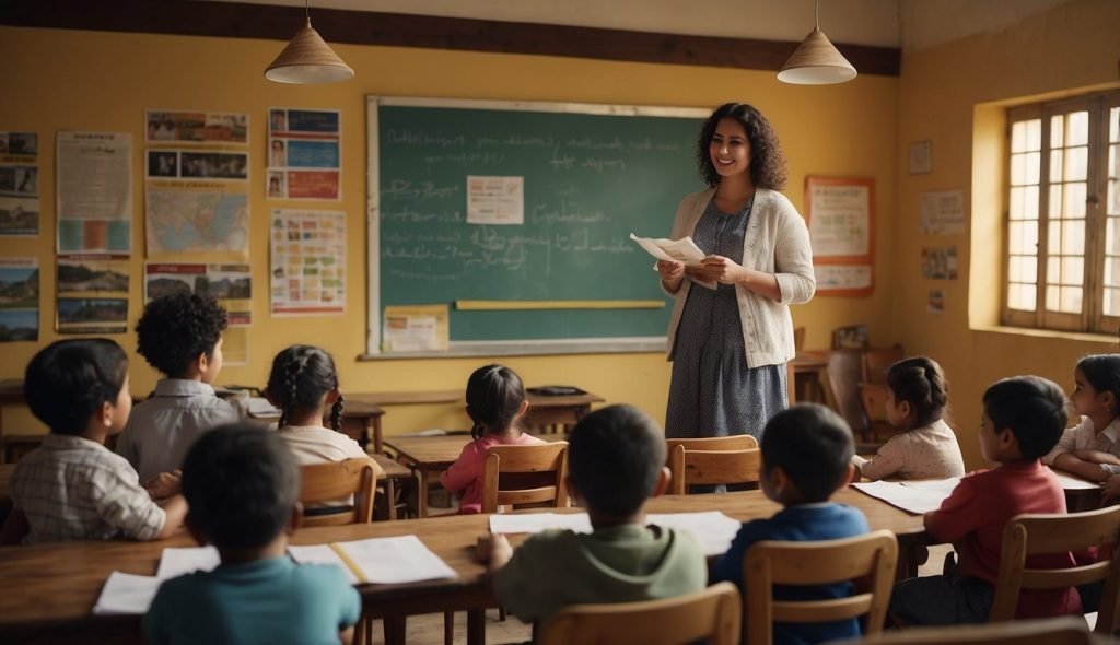 Uma sala de aula com cartazes coloridos de Tiradentes, crianças envolvidas em atividades práticas e uma professora usando adereços para explicar o significado da figura histórica