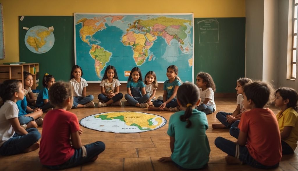 Uma sala de aula colorida com um grande mapa do Brasil na parede, crianças sentadas em círculo no chão e uma professora segurando um livro ilustrado sobre Tiradentes